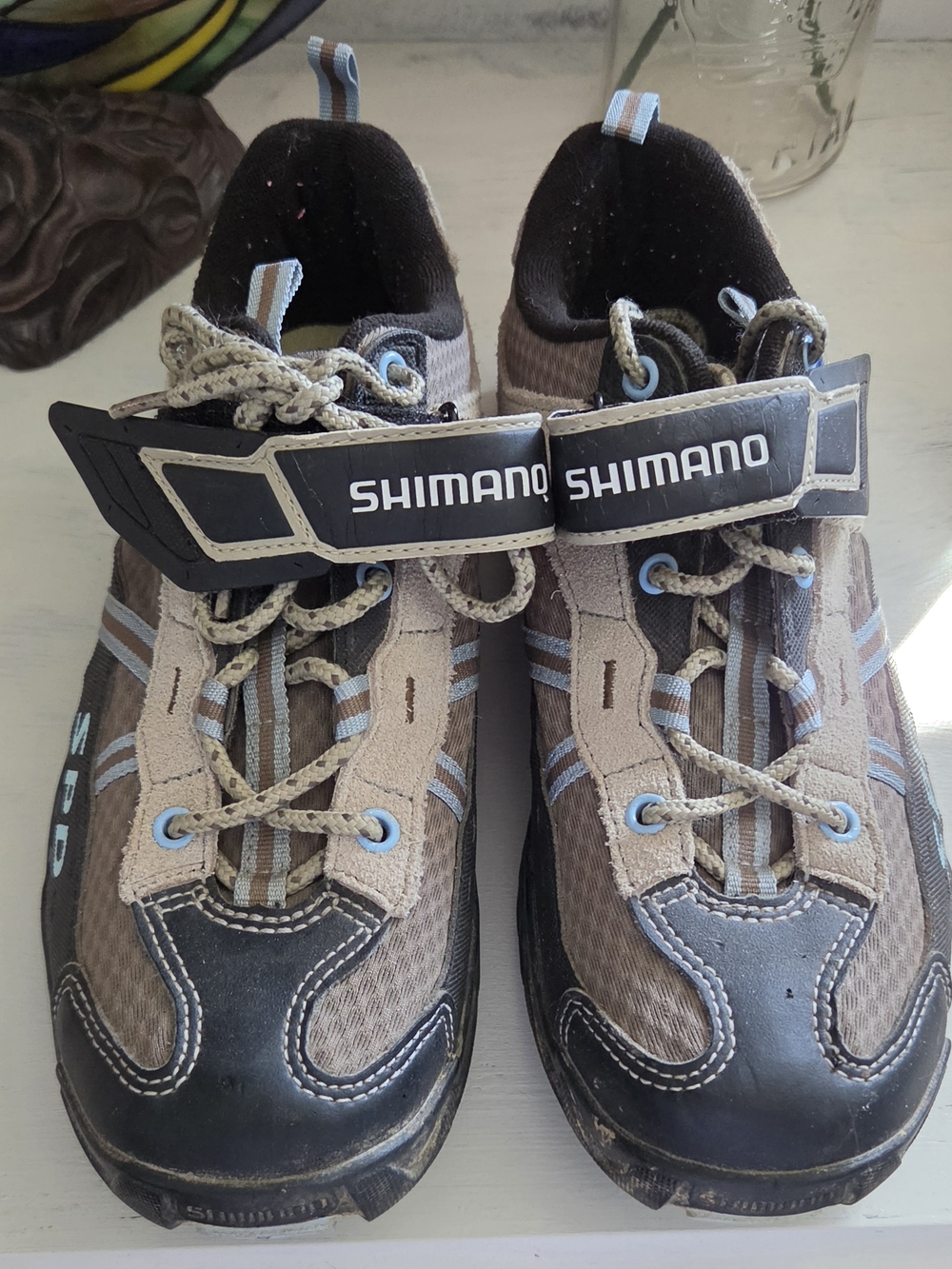 Shimano Taupe and Light Blue Cycling Shoes with Black Accents and Strap